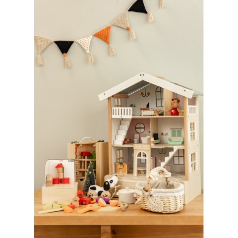 CLASSIC WORLD Duży Drewniany Domek dla Lalek 2 Figurki NATURALNE DREWNO 28 el. Classic World