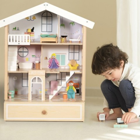 CLASSIC WORLD Duży Drewniany Domek dla Lalek 2 Figurki NATURALNE DREWNO 28 el. Classic World