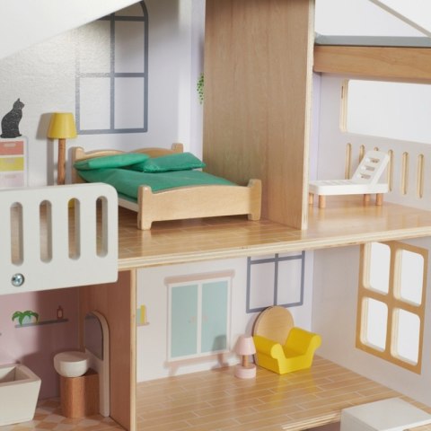 CLASSIC WORLD Duży Drewniany Domek dla Lalek 2 Figurki NATURALNE DREWNO 28 el. Classic World