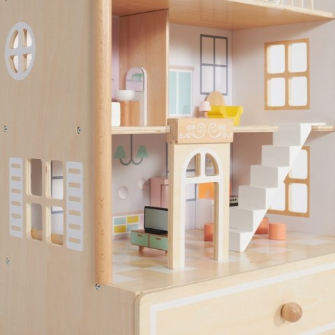 CLASSIC WORLD Duży Drewniany Domek dla Lalek 2 Figurki NATURALNE DREWNO 28 el. Classic World