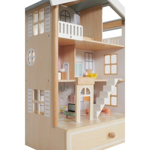 CLASSIC WORLD Duży Drewniany Domek dla Lalek 2 Figurki NATURALNE DREWNO 28 el. Classic World