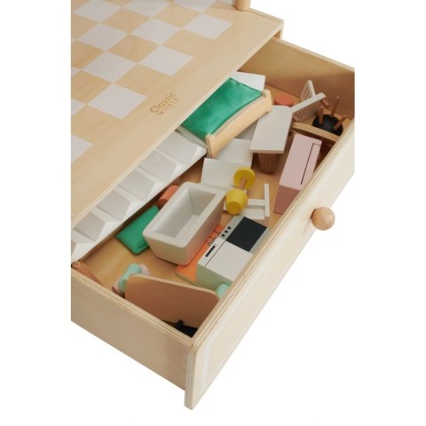 CLASSIC WORLD Duży Drewniany Domek dla Lalek 2 Figurki NATURALNE DREWNO 28 el. Classic World