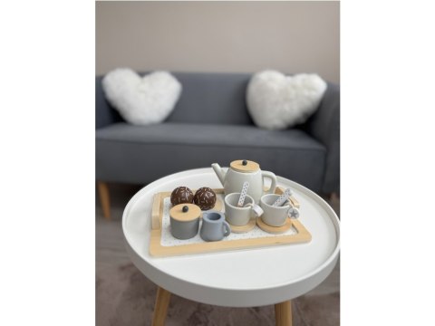 JOKOMISIADA BEŻOWY Zimowy drewniany Zestaw herbaciany w gwiazdki Filiżanki Taca ZA4124