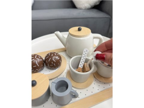 JOKOMISIADA BEŻOWY Zimowy drewniany Zestaw herbaciany w gwiazdki Filiżanki Taca ZA4124