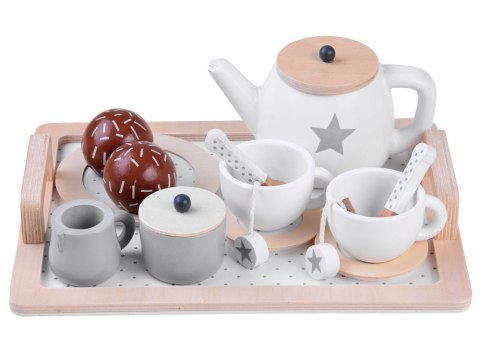 JOKOMISIADA BEŻOWY Zimowy drewniany Zestaw herbaciany w gwiazdki Filiżanki Taca ZA4124