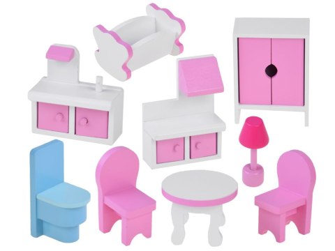 JOKOMISIADA RÓŻOWY Drewniany domek dla lalek + mebelki + oświetlenie LED ZA4130