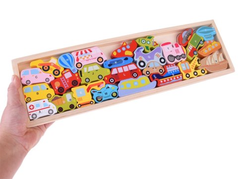 JOKOMISIADA Duży zestaw POJAZDY 27ele alfabet literki Puzzle drewniane ZA4747
