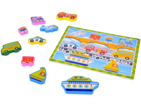 JOKOMISIADA Drewniana układanka puzzle transport pojazdy 9ele dopasuj kształty ZA5257