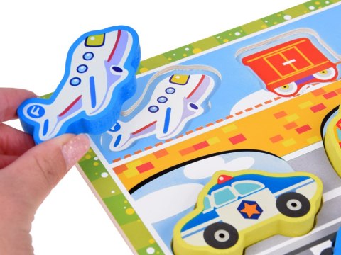 JOKOMISIADA Drewniana układanka puzzle transport pojazdy 9ele dopasuj kształty ZA5257