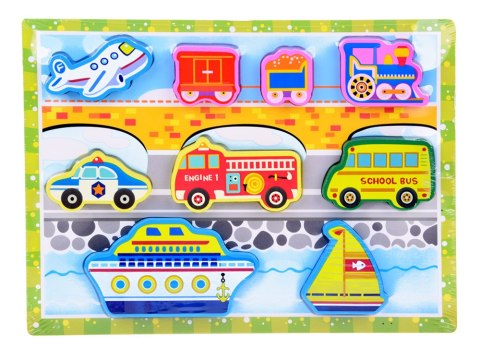 JOKOMISIADA Drewniana układanka puzzle transport pojazdy 9ele dopasuj kształty ZA5257