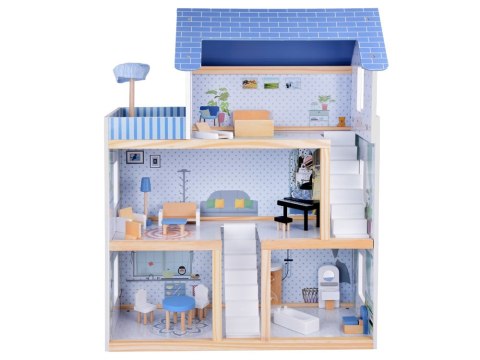 JOKOMISIADA Drewniany błękitny domek dla lalek + mebelki 3 piętra teras ZA5273