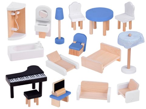 JOKOMISIADA Drewniany błękitny domek dla lalek + mebelki 3 piętra teras ZA5273