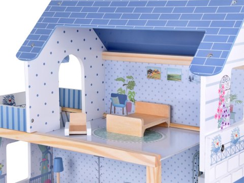 JOKOMISIADA Drewniany błękitny domek dla lalek + mebelki 3 piętra teras ZA5273