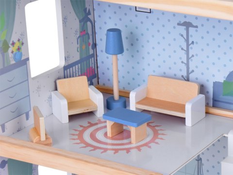 JOKOMISIADA Drewniany błękitny domek dla lalek + mebelki 3 piętra teras ZA5273