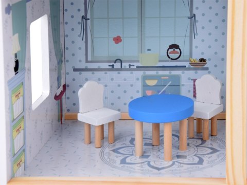 JOKOMISIADA Drewniany błękitny domek dla lalek + mebelki 3 piętra teras ZA5273