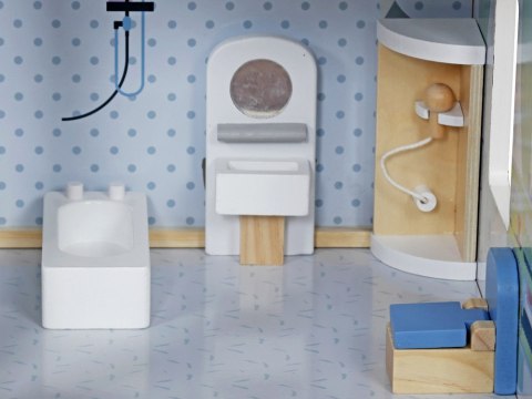 JOKOMISIADA Drewniany błękitny domek dla lalek + mebelki 3 piętra teras ZA5273