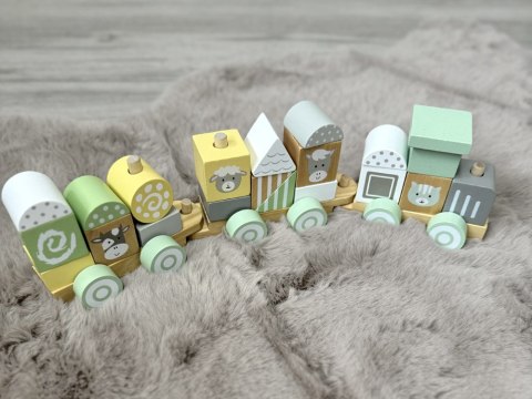 JOKOMISIADA Miętowa Drewniana Kolejka Lokomotywa z Wagonami i Klockami 23 ele ZA5262