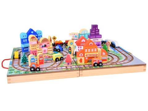 JOKOMISIADA Drewniana Kolejka Zestaw Klocków zbuduj Miasto + Pociąg Walizka 89 ZA5374