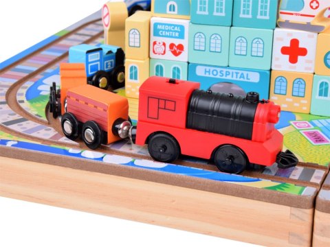 JOKOMISIADA Drewniana Kolejka Zestaw Klocków zbuduj Miasto + Pociąg Walizka 89 ZA5374