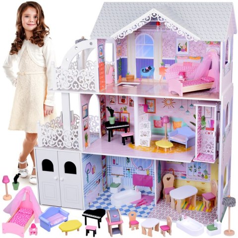 JOKOMISIADA Duży Ażurowy Domek drewniany dla lalek + Winda Garaż Balkon Meble ZA5388