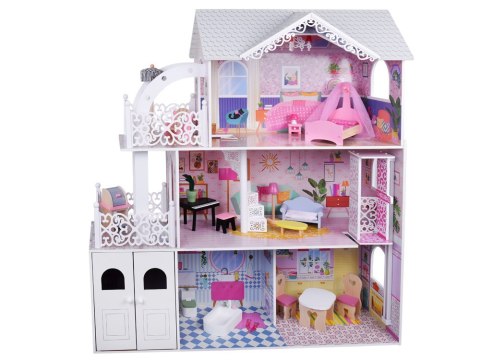 JOKOMISIADA Duży Ażurowy Domek drewniany dla lalek + Winda Garaż Balkon Meble ZA5388