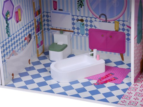 JOKOMISIADA Duży Ażurowy Domek drewniany dla lalek + Winda Garaż Balkon Meble ZA5388