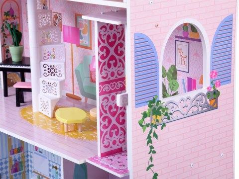 JOKOMISIADA Duży Ażurowy Domek drewniany dla lalek + Winda Garaż Balkon Meble ZA5388