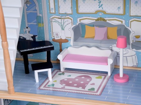 JOKOMISIADA Duży Drewniany Domek dla lalek + drewniane mebelki Pastelowe kolory ZA5457