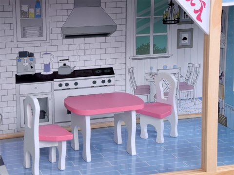 JOKOMISIADA Duży Drewniany Domek dla lalek + drewniane mebelki Pastelowe kolory ZA5457