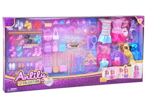 Producent niezdefiniowany Bogaty zestaw Sukienki Buty Torebki Błyszczące dodatki dla lalki ZA5417