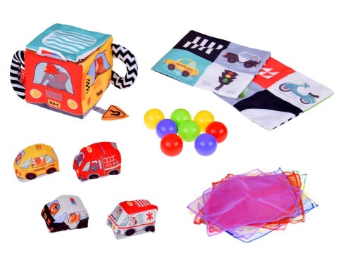 JOKOMISIADA Miękka Kostka Sensoryczna Pojazdy pudełko z chusteczkami montessori ZA5587