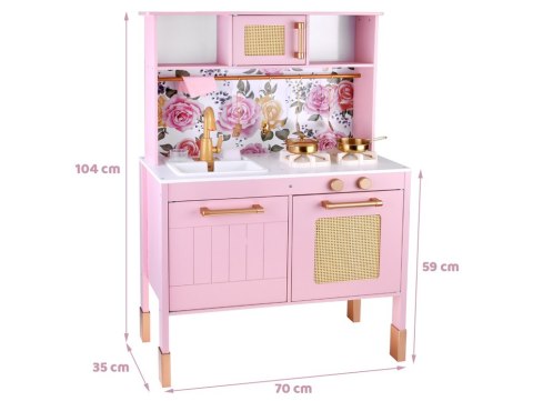Producent niezdefiniowany Drewniana kuchnia dla dzieci RÓŻANA - palnik zlew garnki akcesoria ZA5932