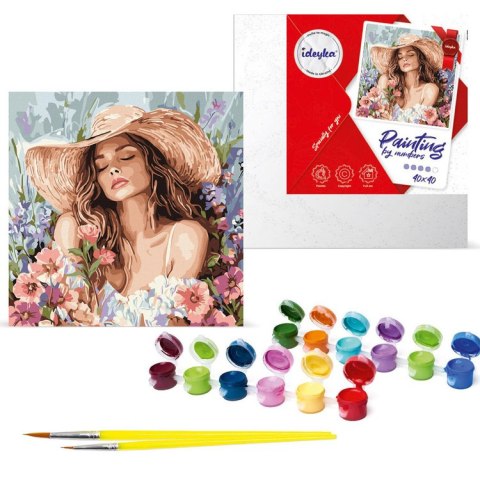 Ideyka Malowanie po numerach 40 x 40 cm KHO8569 Dziewczyna w kapeluszu wśród kwiatów AP0100