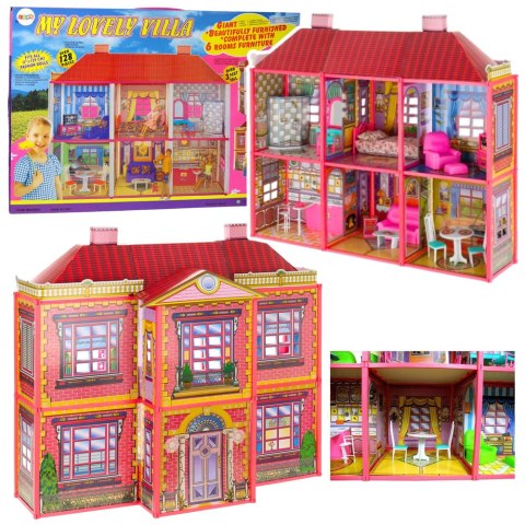 LEAN Toys Willa Duży Domek Dla Lalek 6 Pokoi Meble Akcesoria 128 el.