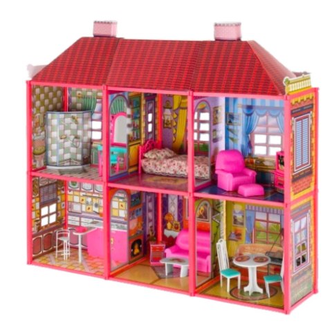LEAN Toys Willa Duży Domek Dla Lalek 6 Pokoi Meble Akcesoria 128 el.