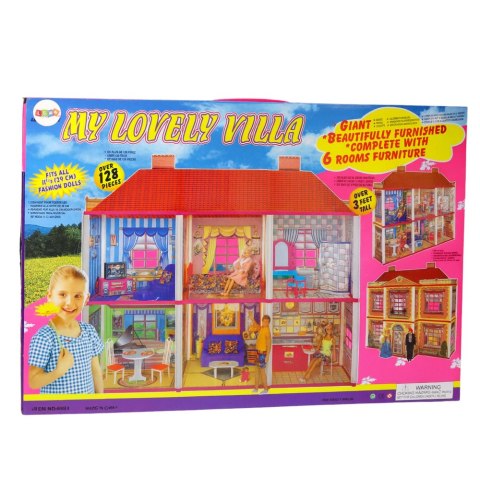 LEAN Toys Willa Duży Domek Dla Lalek 6 Pokoi Meble Akcesoria 128 el.