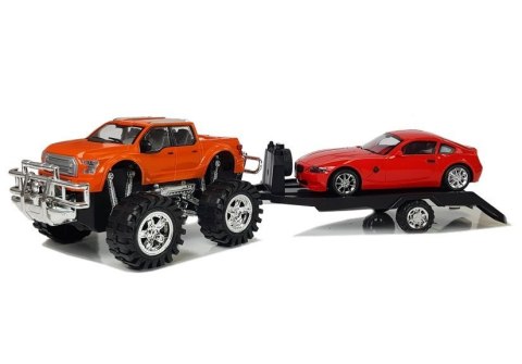 LEAN Toys Zestaw Pojazdów Pomarańczowy Monster Truck Czerwone BMW Laweta 58 cm