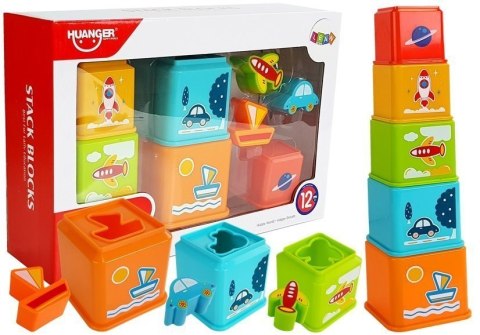 LEAN Toys Piramidka Kubeczki Kwadrat z Obrazkami Pojazdów Sorter dla Niemowlaka