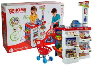LEAN Toys Zabawkowy Market z Wózkiem Kasa Fiskalna Skaner Artykuły Spożywcze Zakupy