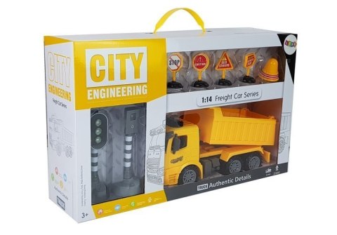 LEAN Toys Zestaw Wywrotka 1:14 Znaki Drogowe Światła Fotoradar Żółta