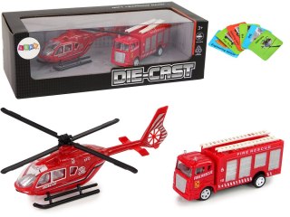 LEAN Toys Zestaw Autek Straż Pożarna Naciąg Helikopter Czerwony