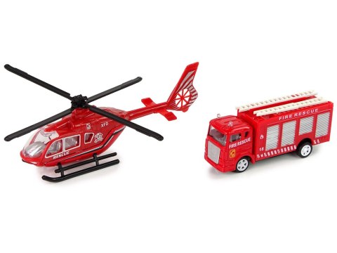 LEAN Toys Zestaw Autek Straż Pożarna Naciąg Helikopter Czerwony