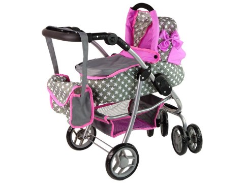 Alice Wózek Dla Lalek Spacerówka 2 w 1 Gondola Torba Różowy Gwiazdki