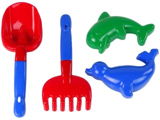 LEAN TOYS Dodatki do piasku 4 elementowy Zestaw do piaskownicy Łopatka Grabki Foremki
