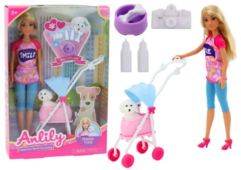 LEAN Toys Lalka Anlily z Pieskiem W Wózku Butelki Miska Kość Aparat