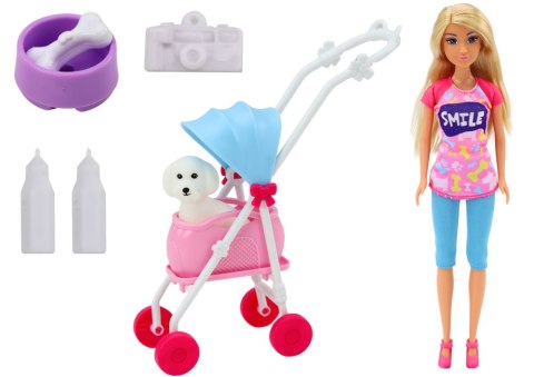 LEAN Toys Lalka Anlily z Pieskiem W Wózku Butelki Miska Kość Aparat