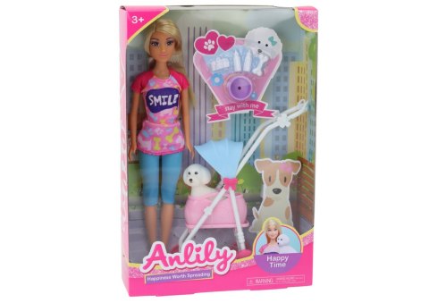 LEAN Toys Lalka Anlily z Pieskiem W Wózku Butelki Miska Kość Aparat