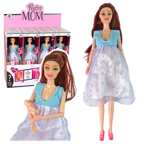 LEAN Toys Lalka W Ciąży Mama Niemowlę Otwierany Brzuch Niebieska Sukienka 30 cm