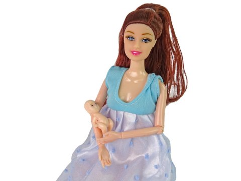 LEAN Toys Lalka W Ciąży Mama Niemowlę Otwierany Brzuch Niebieska Sukienka 30 cm