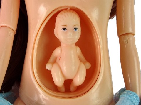 LEAN Toys Lalka W Ciąży Mama Niemowlę Otwierany Brzuch Niebieska Sukienka 30 cm